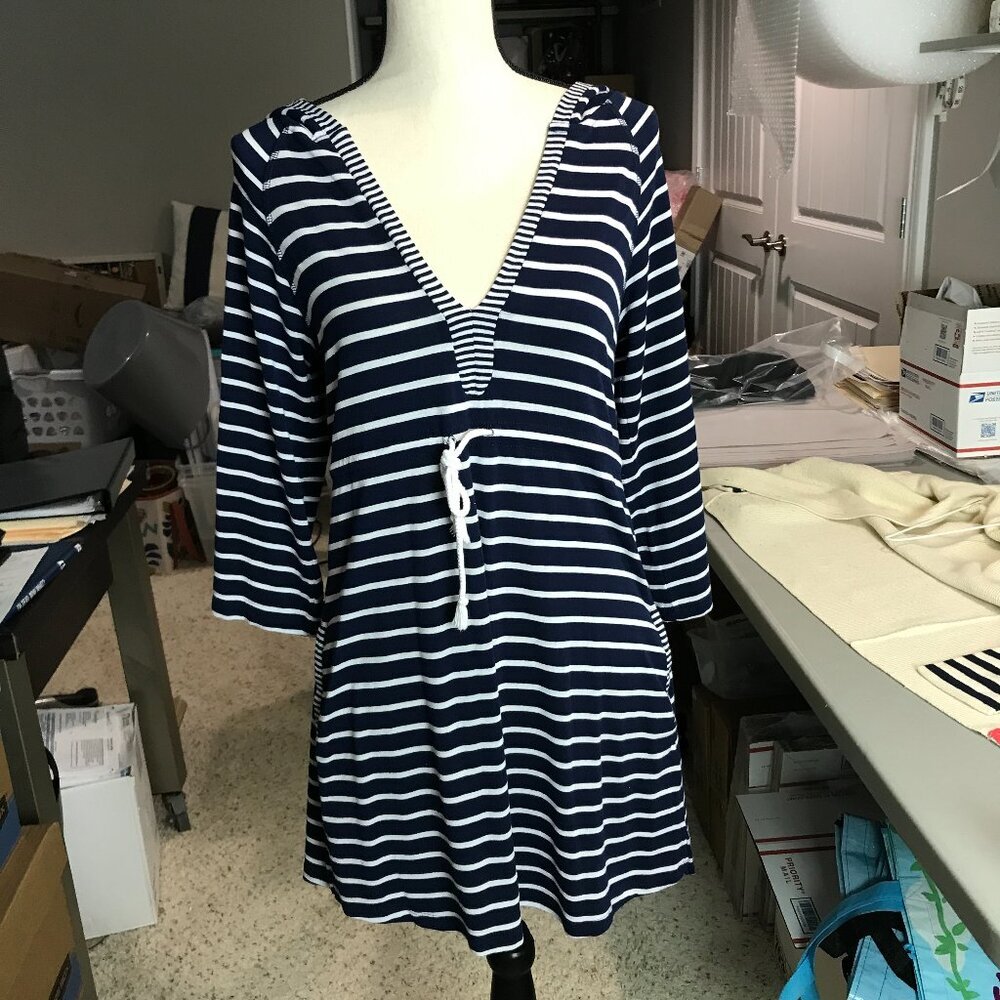 Women's Akini Blue/white stripe Size M hooded pullover knit dress